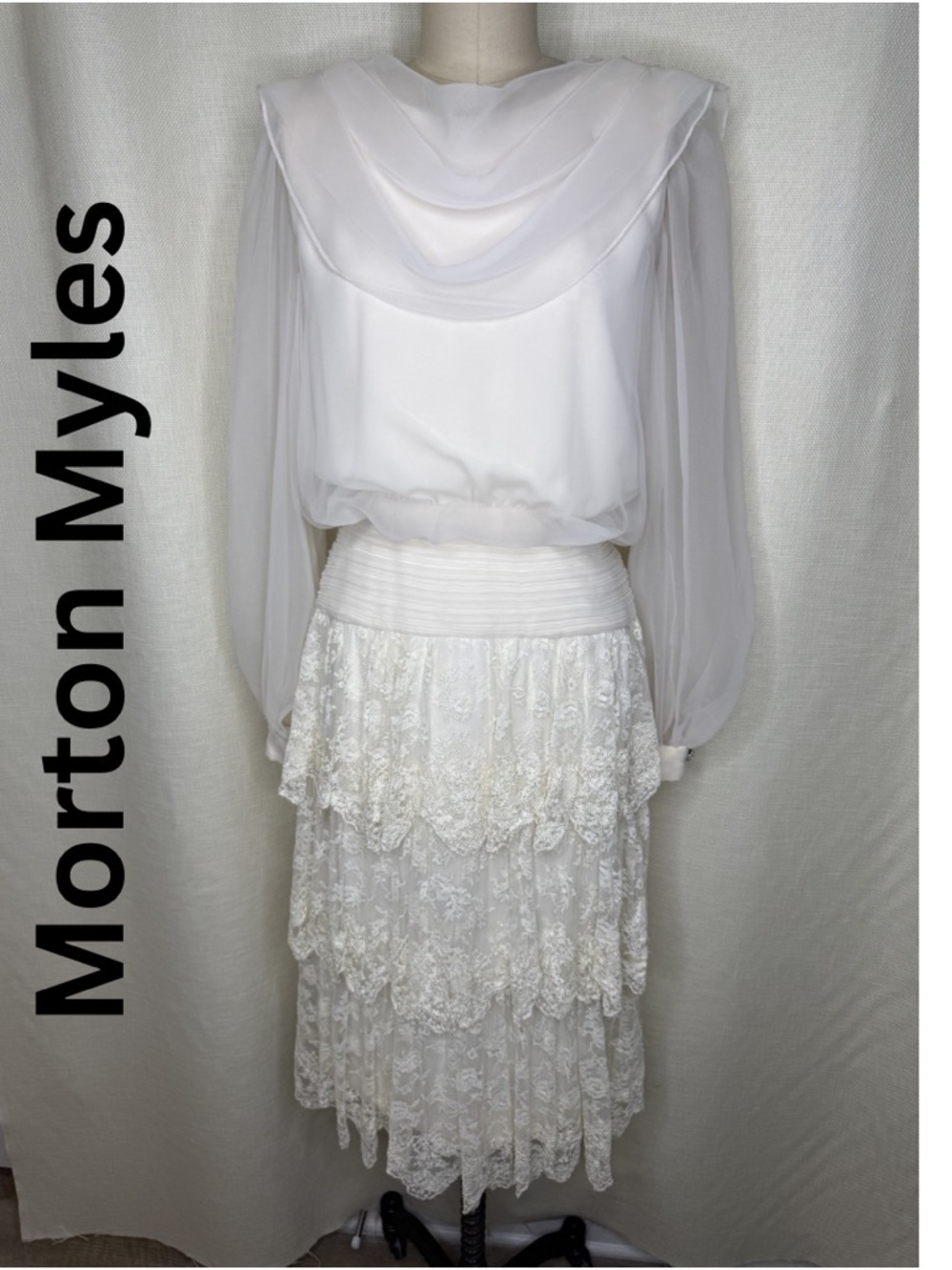 Vintage Morton Myles White Lace Dress Size 8 Romantic Boho Midi USA